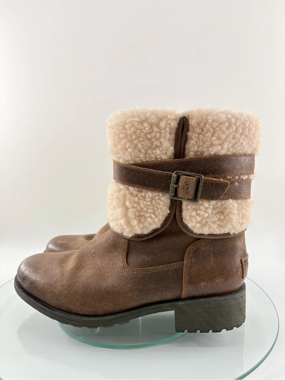 UGG Blayre Boots Chestnut Shearling Moto Buckle Zip Leather Women’s Size 8